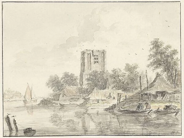 River landscape with a ruined church tower, 1733-1784. Creator: Hendrik Spilman