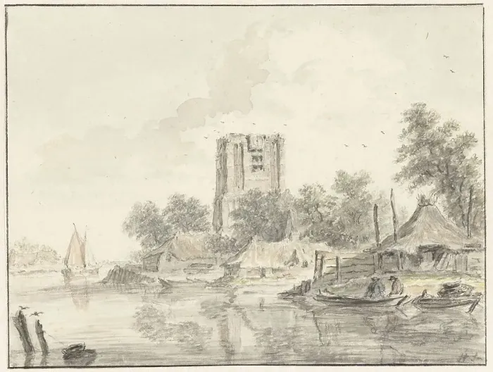 Framed Print : River landscape with a ruined church tower, 1733-1784. Creator: Hendrik Spilman Framed Print : River landscape with a ruined church tower, 1733-1784. Creator: Hendrik Spilman