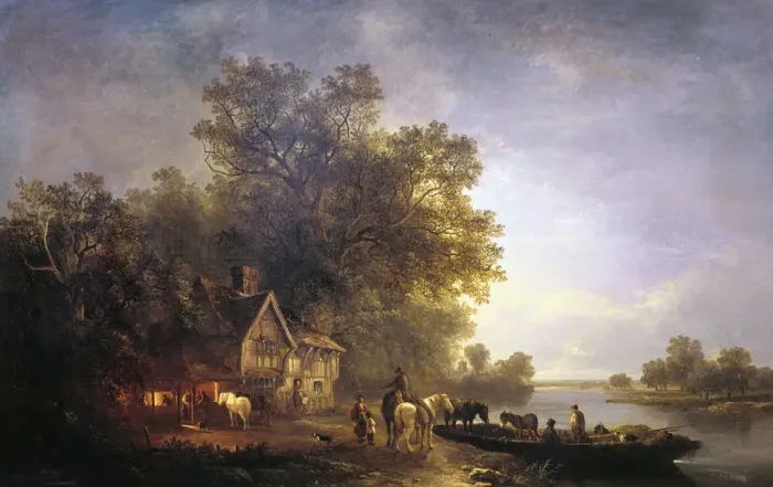 Framed Print : River Landscape with Rustics and Horses, c1860. Artist: Edward Charles Williams Framed Print : River Landscape with Rustics and Horses, c1860. Artist: Edward Charles Williams