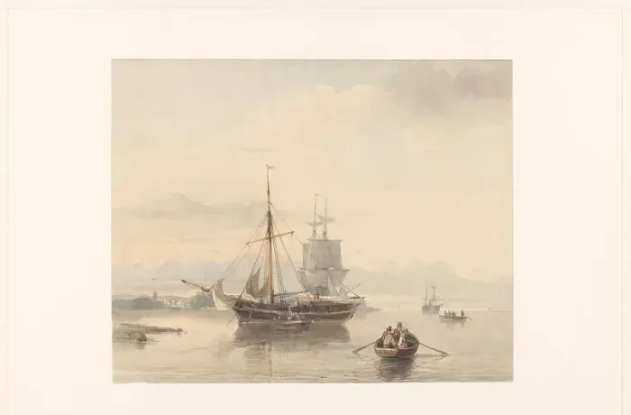Framed Print : River landscape with sloops and sailing ships, 1847. Creator: Johan Adolph Rust Framed Print : River landscape with sloops and sailing ships, 1847. Creator: Johan Adolph Rust