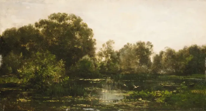 Framed Print : A River Landscape with Storks, 1864. Creator: Charles Francois Daubigny Framed Print : A River Landscape with Storks, 1864. Creator: Charles Francois Daubigny
