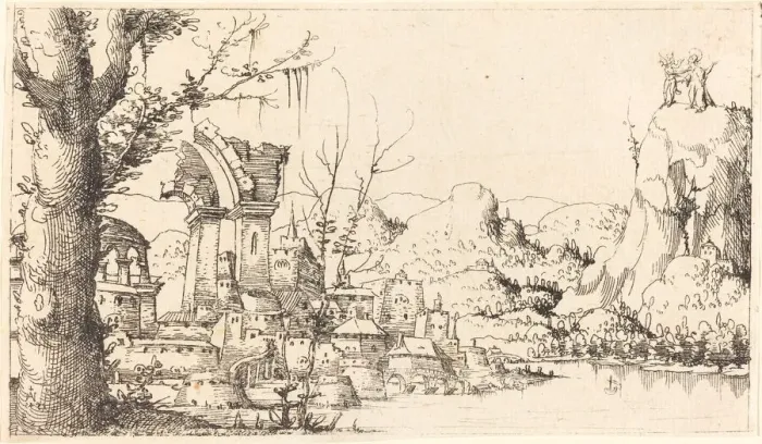Framed Print : River Landscape with the Temptation of Christ, 1545. Creator: Augustin Hirschvogel Framed Print : River Landscape with the Temptation of Christ, 1545. Creator: Augustin Hirschvogel