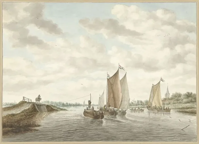 Framed Print : River landscape with various barges, 1741-1820. Creator: Abraham Delfos Framed Print : River landscape with various barges, 1741-1820. Creator: Abraham Delfos