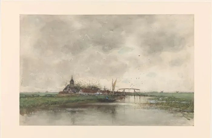 Framed Print : River landscape with a view of a village, 1866-1892. Creator: Frederik Jacobus van Rossum du Chattel Framed Print : River landscape with a view of a village, 1866-1892. Creator: Frederik Jacobus van Rossum du Chattel
