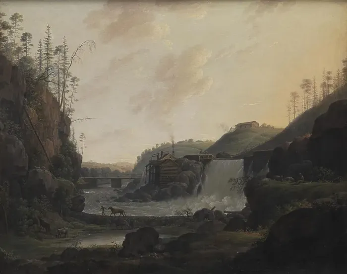 Framed Print : River Landscape with a Waterfall near Bogstad in Norway, 1789. Creator: Erik Pauelsen