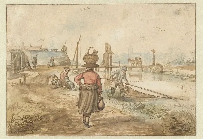 Framed Print : River Landscape with a Woman Carrying a Basket on her Head, Fishermen and Other Fig... before c1620 Creator: Hendrick Avercamp Framed Print : River Landscape with a Woman Carrying a Basket on her Head, Fishermen and Other Fig... before c1620 Creator: Hendrick Avercamp
