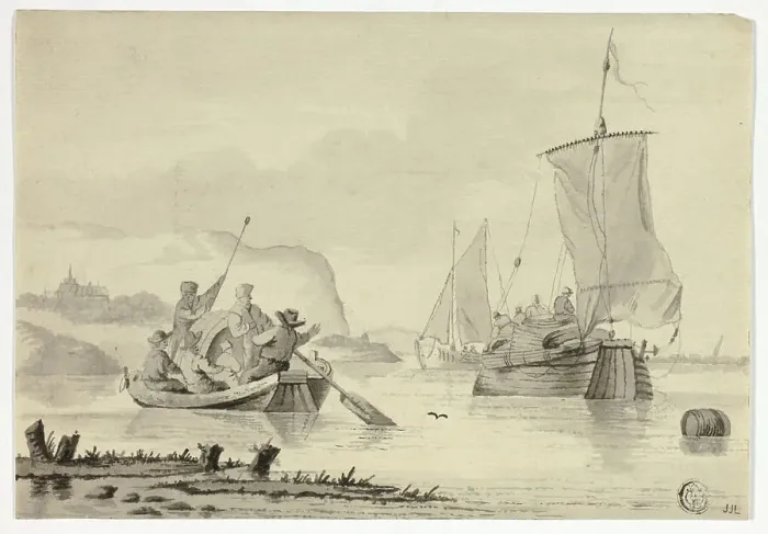 Framed Print : River Scene with Boats, 17th century. Creator: Willem van de Velde the Younger Framed Print : River Scene with Boats, 17th century. Creator: Willem van de Velde the Younger
