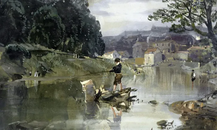 Framed Print : River scene - boy fishing, c1840-1880. Creator: William Roxby Beverley Framed Print : River scene - boy fishing, c1840-1880. Creator: William Roxby Beverley