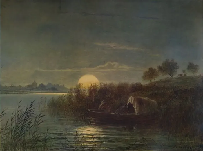 Framed Print : River Scene by Moonlight, with Boat, 1879, (1935). Artist: Arthur Gilbert Framed Print : River Scene by Moonlight, with Boat, 1879, (1935). Artist: Arthur Gilbert