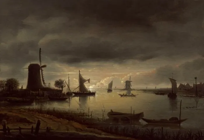 Framed Print : River Scene with Windmill and Boats, Evening, c. 1645. Creator: Anthonie van Borssom Framed Print : River Scene with Windmill and Boats, Evening, c. 1645. Creator: Anthonie van Borssom