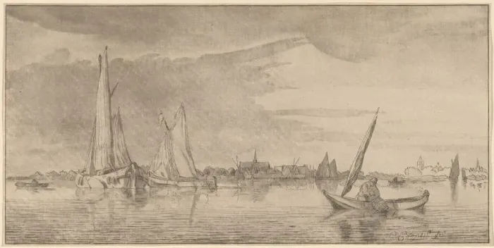 Framed Print : River with Town, 1775. Creator: Bernhard Schreuder Framed Print : River with Town, 1775. Creator: Bernhard Schreuder