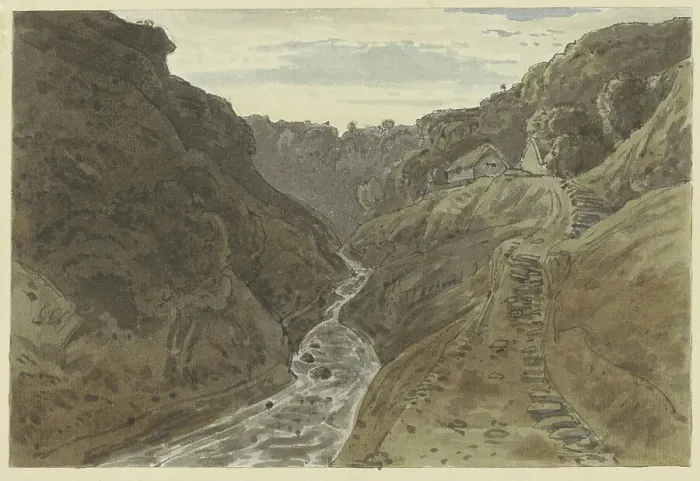 Framed Print : River valley and mountain road leading to two houses, 1777-1842. Creator: George Barret the Younger Framed Print : River valley and mountain road leading to two houses, 1777-1842. Creator: George Barret the Younger