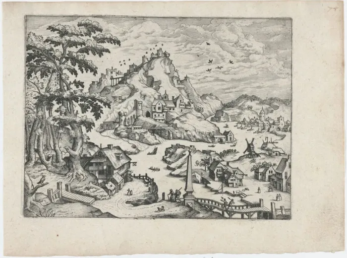 Framed Print : River Valley with Obelisk, ca. 1570. ca. 1570. Creators: Anon, Lucas Gassel Framed Print : River Valley with Obelisk, ca. 1570. ca. 1570. Creators: Anon, Lucas Gassel