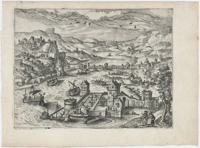 Framed Print : River Valley with a Traveling Couple, ca. 1570. ca. 1570. Creators: Anon, Lucas Gassel Framed Print : River Valley with a Traveling Couple, ca. 1570. ca. 1570. Creators: Anon, Lucas Gassel