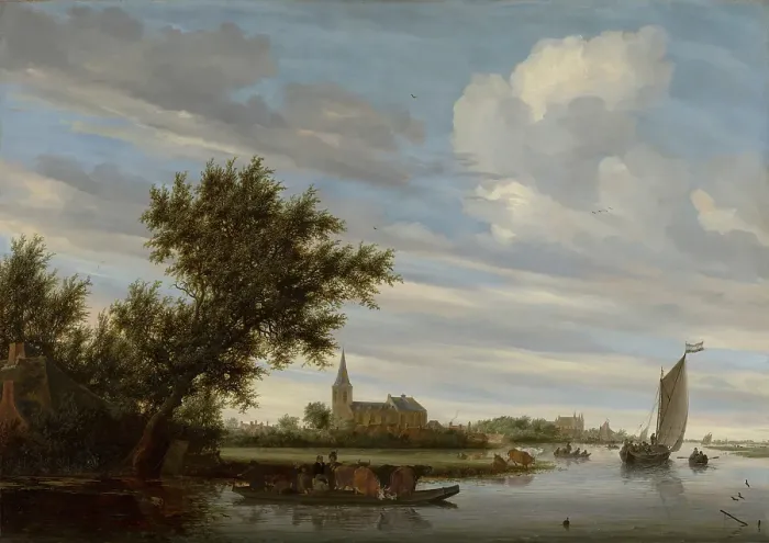 Framed Print : River View with Church and Ferry. Creator: Salomon Ruysdael Framed Print : River View with Church and Ferry. Creator: Salomon Ruysdael