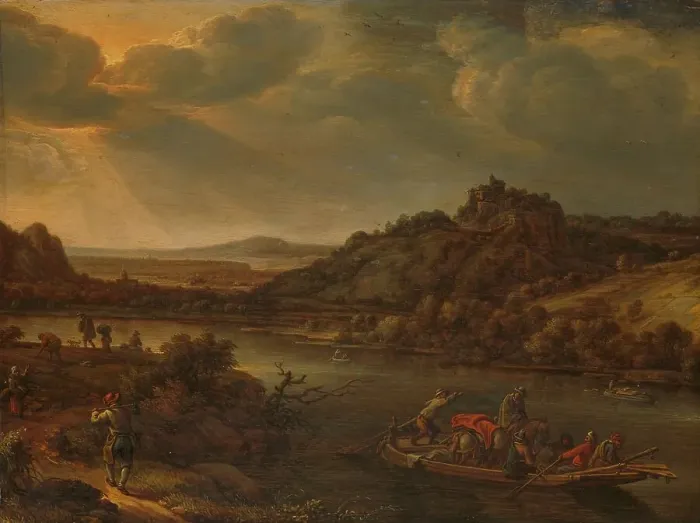 Framed Print : River view with ferry, 1655. Creator: Herman Saftleven the Younger Framed Print : River view with ferry, 1655. Creator: Herman Saftleven the Younger