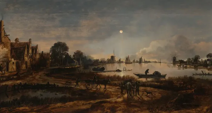 Framed Print : River view by moonlight, c. 1645. Artist: Neer, Aert, van der (1603-1677) Framed Print : River view by moonlight, c. 1645. Artist: Neer, Aert, van der (1603-1677)