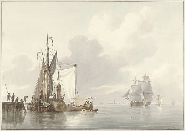 River view with moored ships, 1780-1848. Creator: Martinus Schouman