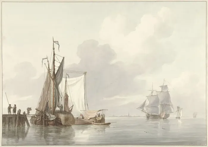 Framed Print : River view with moored ships, 1780-1848. Creator: Martinus Schouman Framed Print : River view with moored ships, 1780-1848. Creator: Martinus Schouman