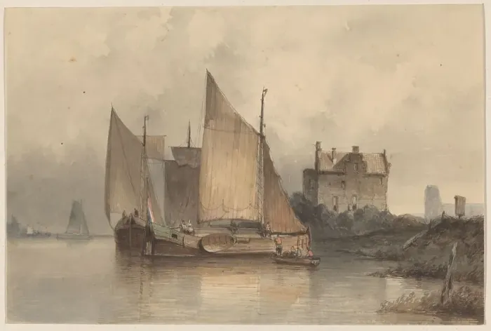 Framed Print : River view with a sailing ship, 1813-1866. Creator: Antonie Waldorp Framed Print : River view with a sailing ship, 1813-1866. Creator: Antonie Waldorp