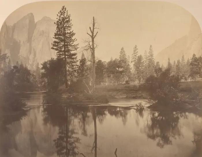 Framed Print : River View Down Valley, Cathedral Rock on Left, 1861. Creator: Carleton Emmons Watkins Framed Print : River View Down Valley, Cathedral Rock on Left, 1861. Creator: Carleton Emmons Watkins