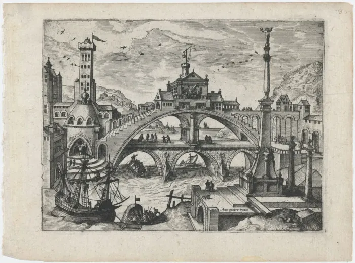 Framed Print : Riverscape with a Double Bridge, ca. 1570. ca. 1570. Creators: Anon, Lucas Gassel Framed Print : Riverscape with a Double Bridge, ca. 1570. ca. 1570. Creators: Anon, Lucas Gassel