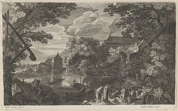 Riverscape with Fishermen by a Fortified Town, 1600 / 1615. Creators: Aegidius Sadeler II, Pieter Stevens