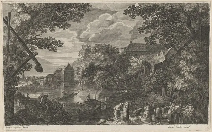 Framed Print : Riverscape with Fishermen by a Fortified Town, 1600 / 1615. Creators: Aegidius Sadeler II, Pieter Stevens Framed Print : Riverscape with Fishermen by a Fortified Town, 1600 / 1615. Creators: Aegidius Sadeler II, Pieter Stevens