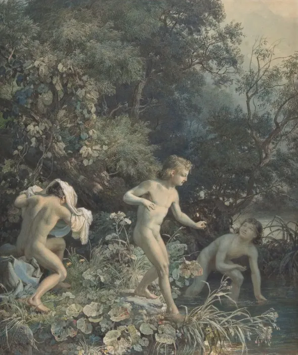 Framed Print : Riverside with Three Bathing Boys, 19th century. Creator: Christian Friedrich Gille Framed Print : Riverside with Three Bathing Boys, 19th century. Creator: Christian Friedrich Gille
