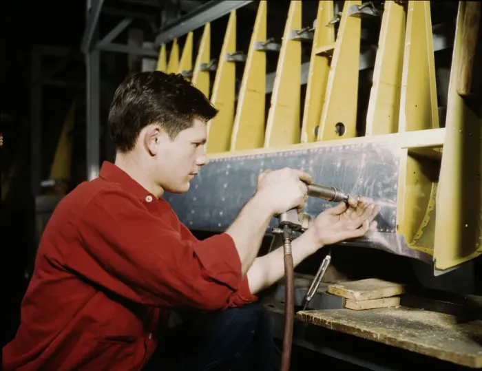 Framed Print : Riveter at work at the Douglas Aircraft Corporation plant in Long Beach, Calif. 1942. Creator: Alfred T Palmer Framed Print : Riveter at work at the Douglas Aircraft Corporation plant in Long Beach, Calif. 1942. Creator: Alfred T Palmer