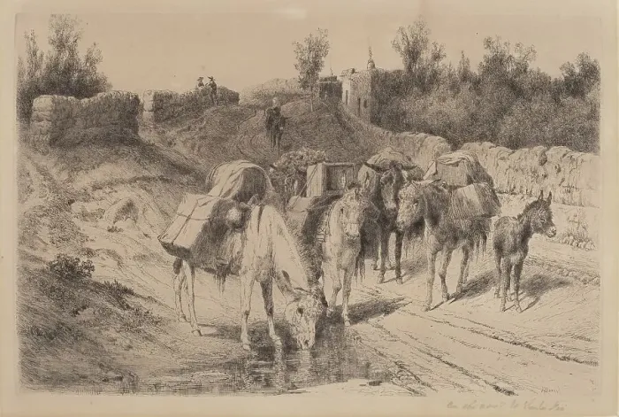 Framed Print : On the Road to Santa Fe, 1884. Creator: Peter Moran Framed Print : On the Road to Santa Fe, 1884. Creator: Peter Moran