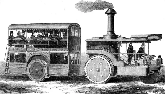 Framed Print : Road steamer and omnibus for the Indian Government, 1871. Creator: Unknown Framed Print : Road steamer and omnibus for the Indian Government, 1871. Creator: Unknown