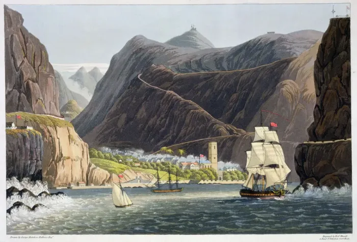 Framed Print : The Roads, St Helena, 1815. Artist: Robert Havell Framed Print : The Roads, St Helena, 1815. Artist: Robert Havell