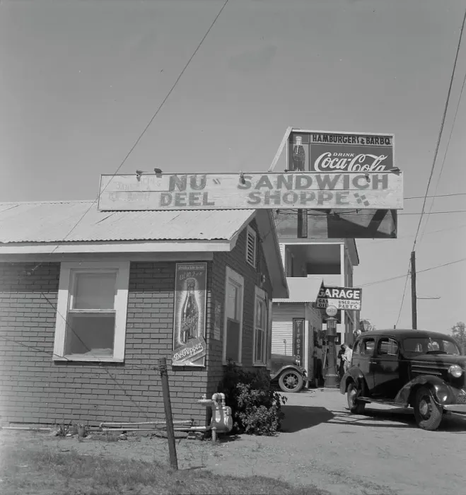 Framed Print : Roadside stand and filling station near Ennis, Texas, 1937. Creator: Dorothea Lange Framed Print : Roadside stand and filling station near Ennis, Texas, 1937. Creator: Dorothea Lange