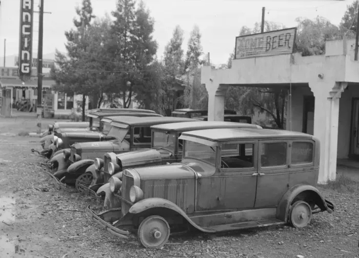 Framed Print : Roadside used car display on State Highway 17, Santa Clara County, California, 1939. Creator: Dorothea Lange Framed Print : Roadside used car display on State Highway 17, Santa Clara County, California, 1939. Creator: Dorothea Lange