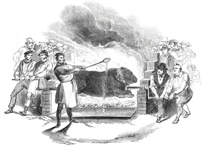 Framed Print : Roasting the ox, at Buckingham, 1844. Creator: Unknown Framed Print : Roasting the ox, at Buckingham, 1844. Creator: Unknown