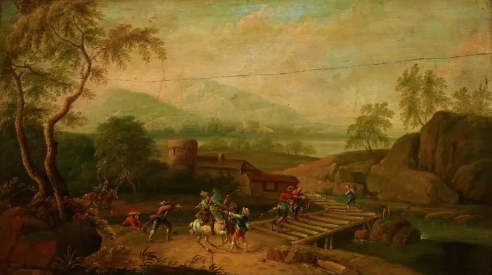 Framed Print : Robbery on the Bridge, 18th century. Creator: Unknown Framed Print : Robbery on the Bridge, 18th century. Creator: Unknown