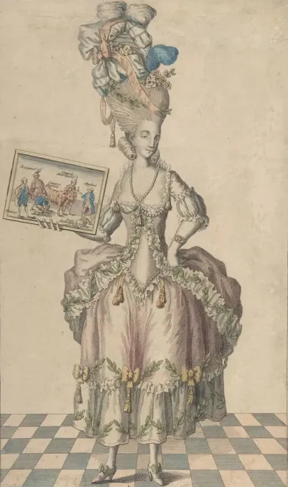 Framed Print : Robe ala Circassienne Garnie ala Chartres: la Coeffure de meme, Avec le Tableau des Eve... 1770s. Creator: Anon Framed Print : Robe ala Circassienne Garnie ala Chartres: la Coeffure de meme, Avec le Tableau des Eve... 1770s. Creator: Anon