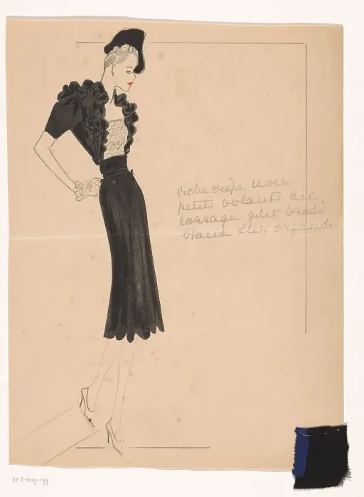 Framed Print : Robe crepe noir (avec) petits volants au corsage, gilet brodé blanc sur organdi, 1938-1939. Creator: Marcel Dhorme Framed Print : Robe crepe noir (avec) petits volants au corsage, gilet brodé blanc sur organdi, 1938-1939. Creator: Marcel Dhorme
