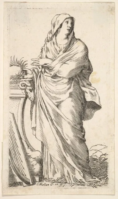 Framed Print : Robed woman standing next to a plinth, her right hand bears a palm branch, a harp r