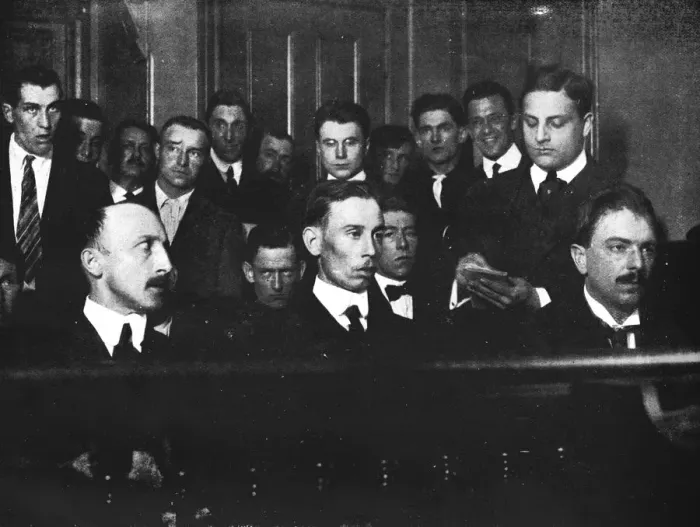 Framed Print : Robert Fay (on the left) and his two accomplices photographed in court, 1915 Framed Print : Robert Fay (on the left) and his two accomplices photographed in court, 1915