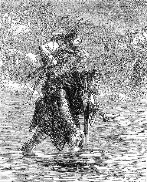 'Robin Hood and the Curtal Friar', from 'The Boy's Book of Ballads', 1860. Creator: W Thomas. 'Robin Hood and the Curtal Friar', from 'The Boy's Book of Ballads', 1860. Creator: W Thomas