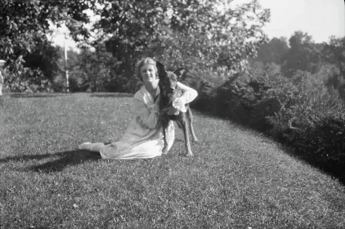 Framed Print : Robins, Miss, with dog, outdoors, 1918 Feb. 16. Creator: Arnold Genthe Framed Print : Robins, Miss, with dog, outdoors, 1918 Feb. 16. Creator: Arnold Genthe