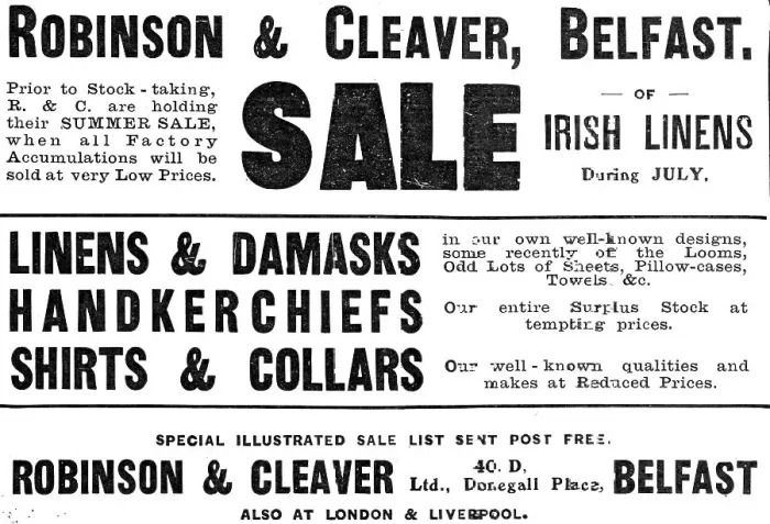 Framed Print : Robinson & Cleaver, Belfast - sale of Irish linens, 1909. Creator: Unknown Framed Print : Robinson & Cleaver, Belfast - sale of Irish linens, 1909. Creator: Unknown