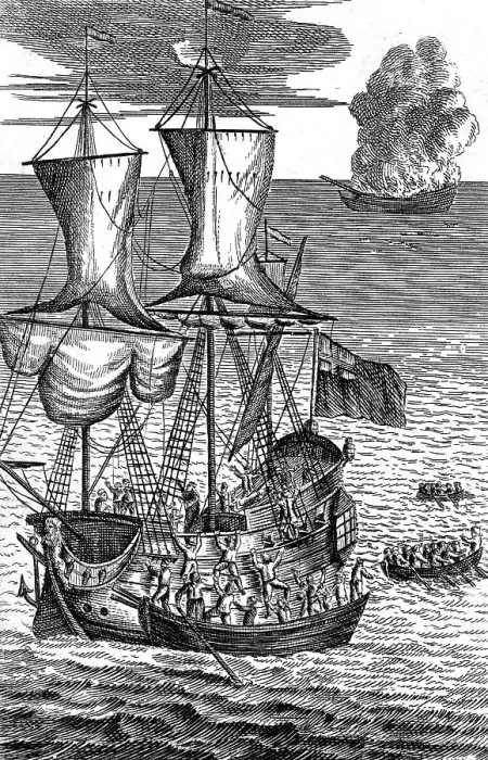 Framed Print : Robinson Crusoe Saves the Crew of a Ship on Fire at Sea, c1719 Framed Print : Robinson Crusoe Saves the Crew of a Ship on Fire at Sea, c1719