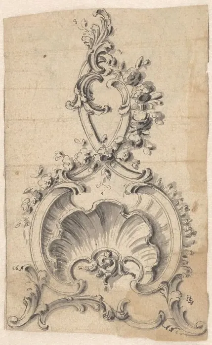 Framed Print : Rocaille-boning with a shell, volutes and flowers, c.1750. Creator: Anon Framed Print : Rocaille-boning with a shell, volutes and flowers, c.1750. Creator: Anon
