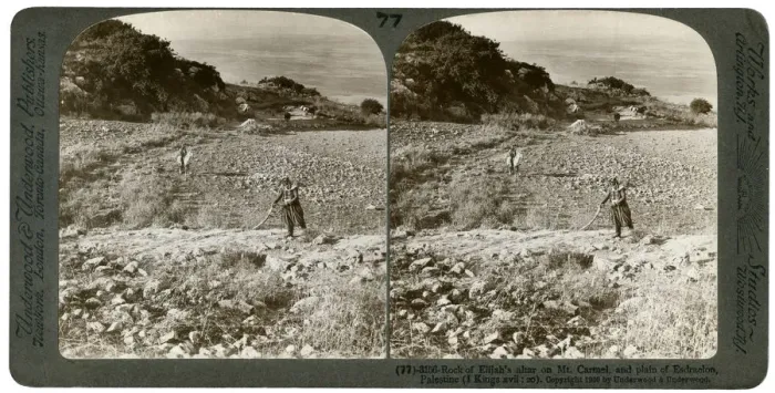 Framed Print : The rock of Elijahs Altar on Mount Carmel, and the Plain of Esdraelon, Palestine, 1900. Artist: Underwood & Underwood