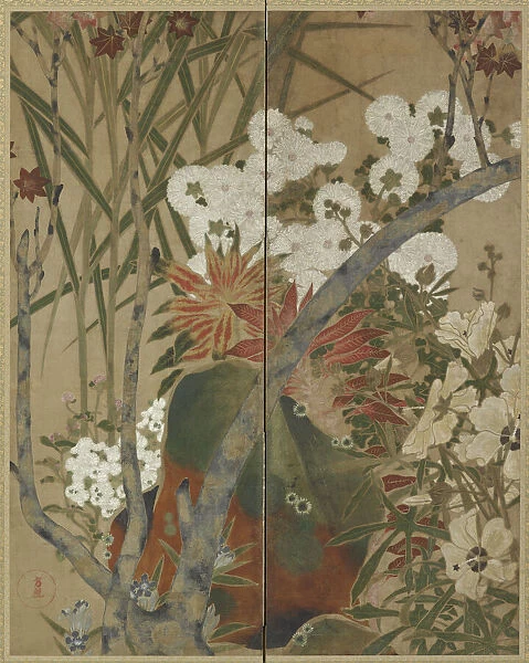 Rock, saplings and autumn flowers, Edo period, 18th century. Creator: Unknown