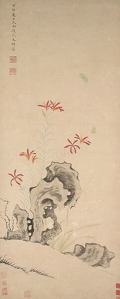 Rock, Tiger Lily and Orchid, dated 1627. Creator: Zhao Wenchu