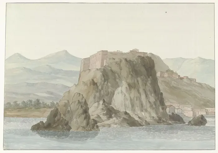 Framed Print : Rock and town of Scilla in the Calabria region from the sea on the north, 1778. Creator: Louis Ducros Framed Print : Rock and town of Scilla in the Calabria region from the sea on the north, 1778. Creator: Louis Ducros
